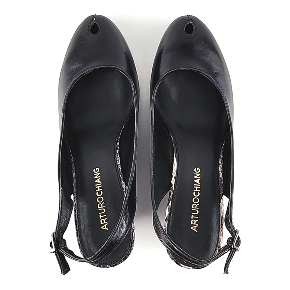 ARTURO CHIANG Black Leather Reptile Print Wedge Slingback Shoe Peep Toe Sz 7.5M - Picture 7 of 16